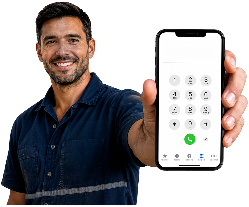 Penrith Blocked Drains plumber holding a phone — call 1300 261 965