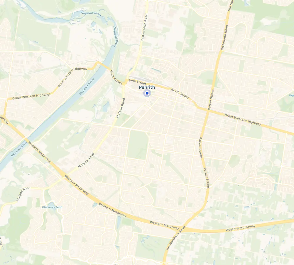 Map of the Penrith service area and the surrounding Western Sydney, showing Penrith and the nearby streets we cover.