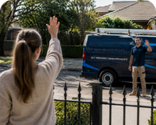Customer waving goodbye to a Penrith Blocked Drains plumber